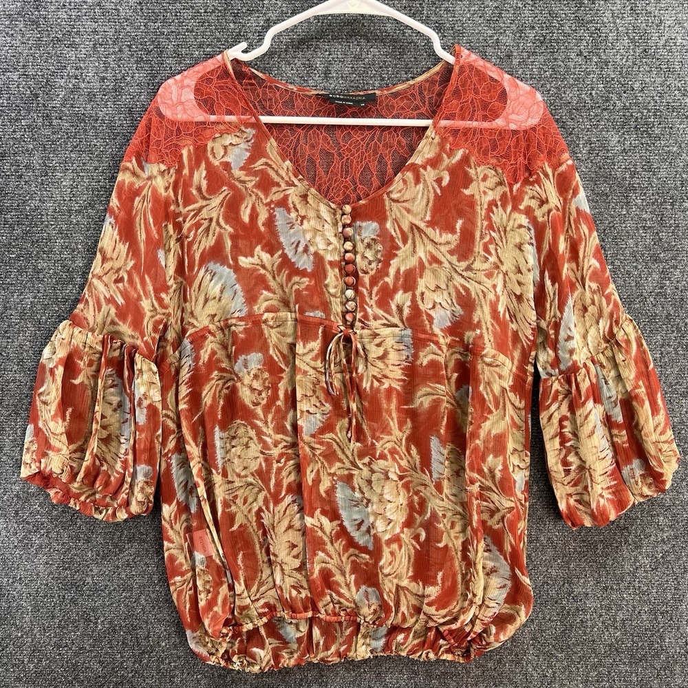 BCBGMAXAZRIA Babydoll Top XS Silk Red Floral Sheer Boho Bell Sleeve Festival Y2K